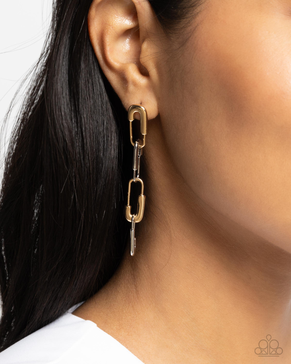 Linked Launch Multi Silver & Gold Earrings - Paparazzi Accessories- on model - CarasShop.com - Paparazzi Jewelry by Cara Jewels