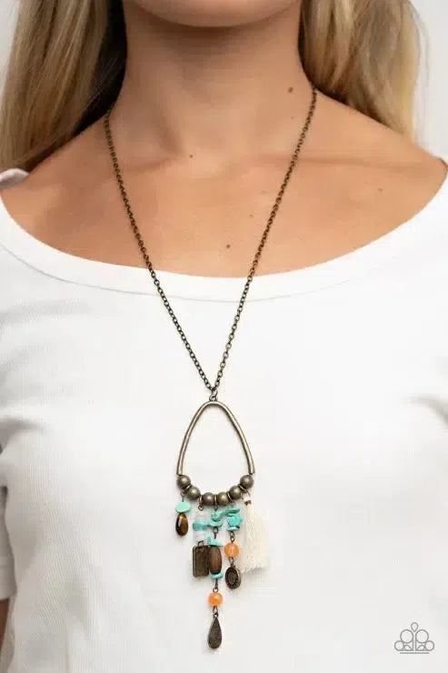 Listen To Your Soul Brass Necklace - Paparazzi Accessories-on model - CarasShop.com - Paparazzi Jewelry by Cara Jewels