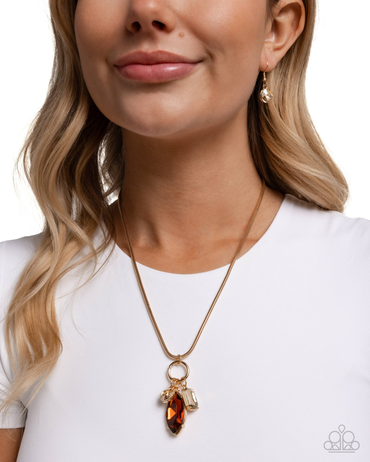 Lively Luminescence Brown Gem & Gold Necklace - Paparazzi Accessories- on model - CarasShop.com - Paparazzi Jewelry by Cara Jewels