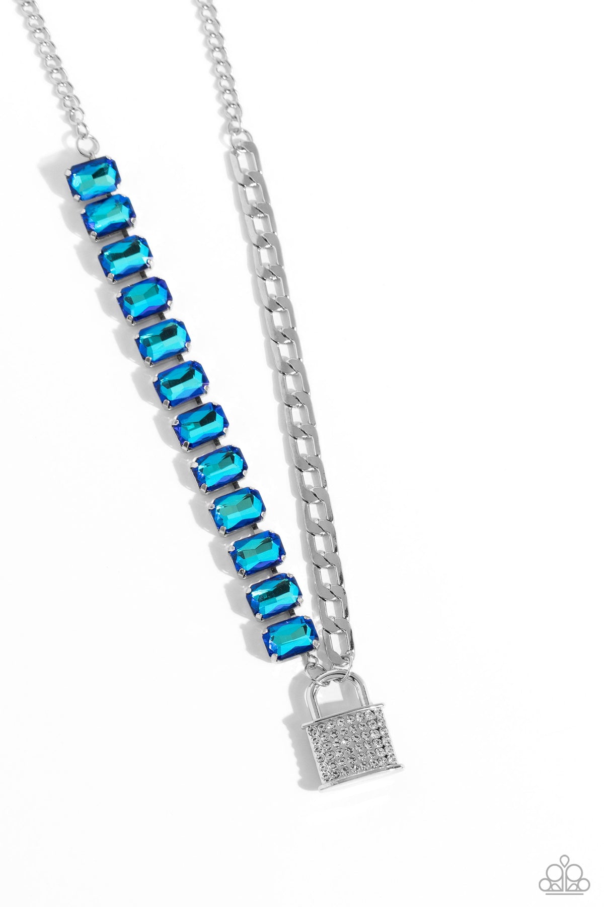 LOCK and Roll Blue Rhinestone Necklace - Paparazzi Accessories- lightbox - CarasShop.com - Paparazzi Jewelry by Cara Jewels