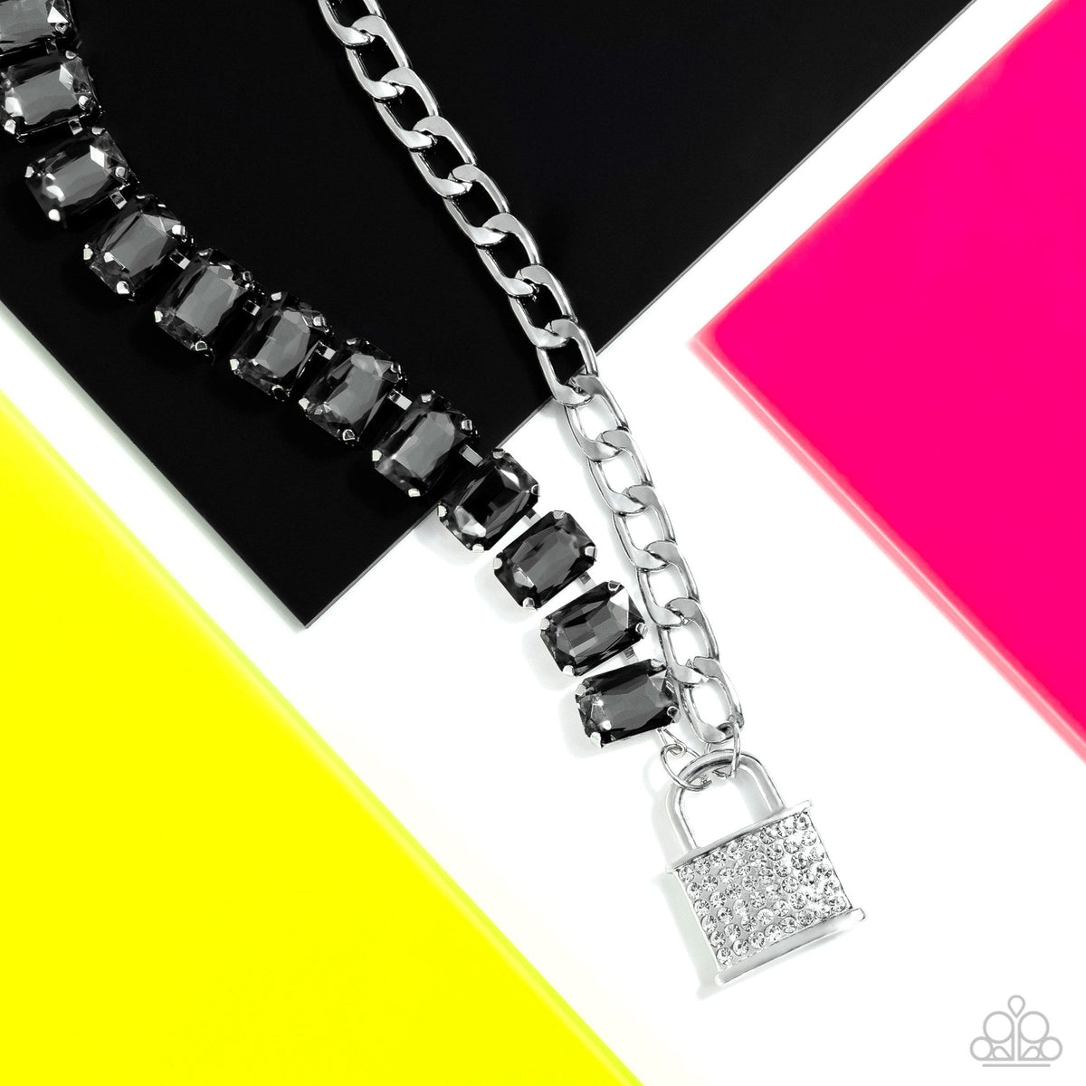 LOCK and Roll Silver Necklace - Paparazzi Accessories- flat lay - CarasShop.com - Paparazzi Jewelry by Cara Jewels