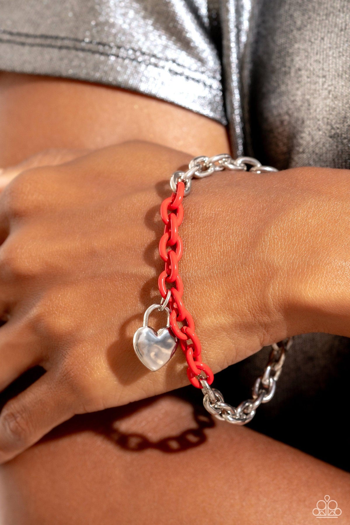 Locked and Loved Red & Silver Bracelet - Paparazzi Accessories- on model - CarasShop.com - Paparazzi Jewelry by Cara Jewels