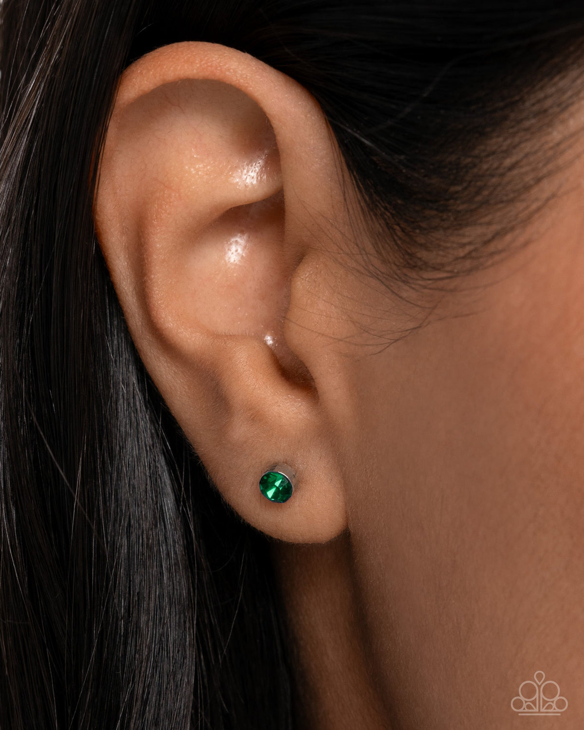 Logical Light Emerald Green Rhinestone Stud Post Earrings - Paparazzi Accessories- on model - CarasShop.com - Paparazzi Jewelry by Cara Jewels