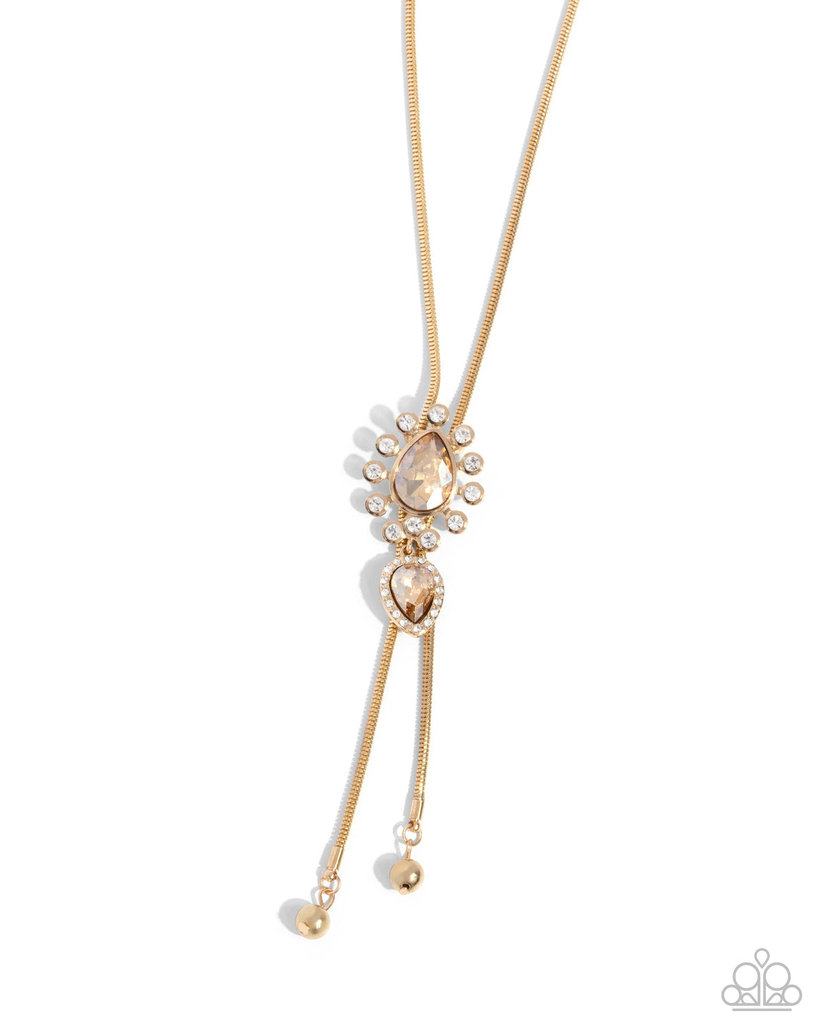 London Layers Gold & White Rhinestone Bolo Necklace - Paparazzi Accessories- lightbox - CarasShop.com - Paparazzi Jewelry by Cara Jewels