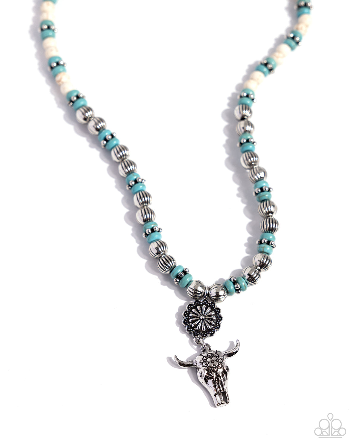Longhorn Longevity White & Turquoise Blue Stone Necklace - Paparazzi Accessories- lightbox - CarasShop.com - Paparazzi Jewelry by Cara Jewels
