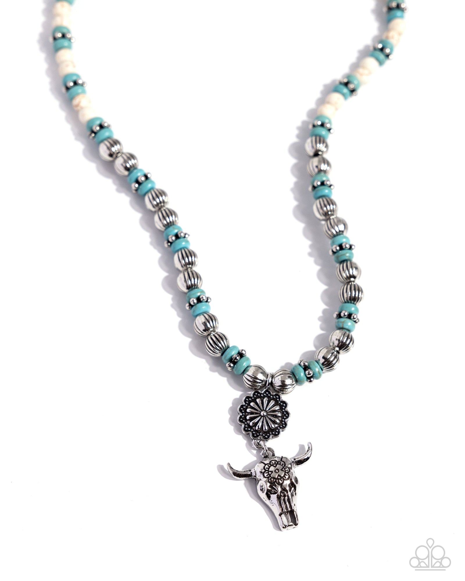 Longhorn Longevity White & Turquoise Blue Stone Necklace - Paparazzi Accessories- lightbox - CarasShop.com - Paparazzi Jewelry by Cara Jewels