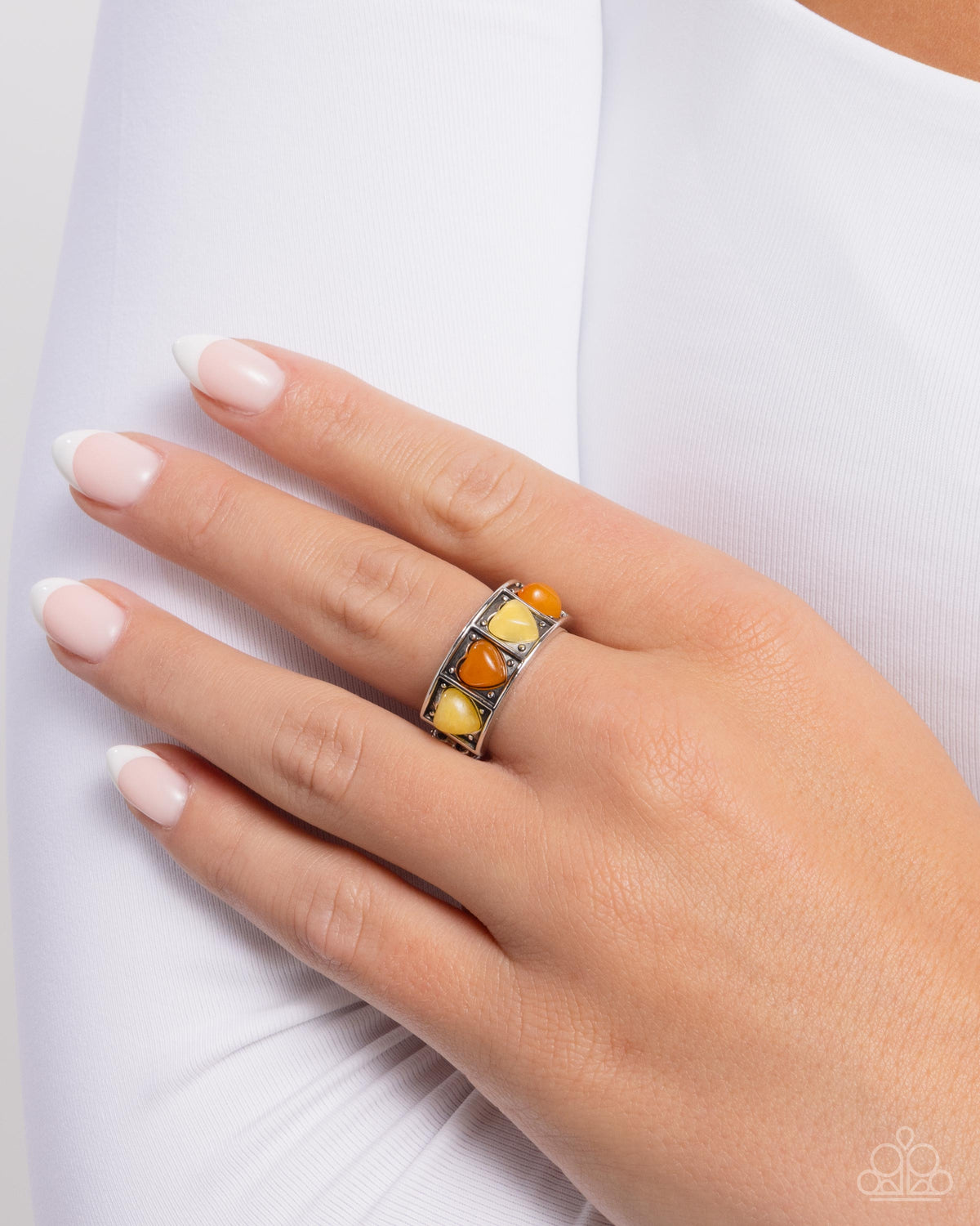 Lost in Love Yellow & Orange Stone Heart Ring - Paparazzi Accessories-on model - CarasShop.com - Paparazzi Jewelry by Cara Jewels