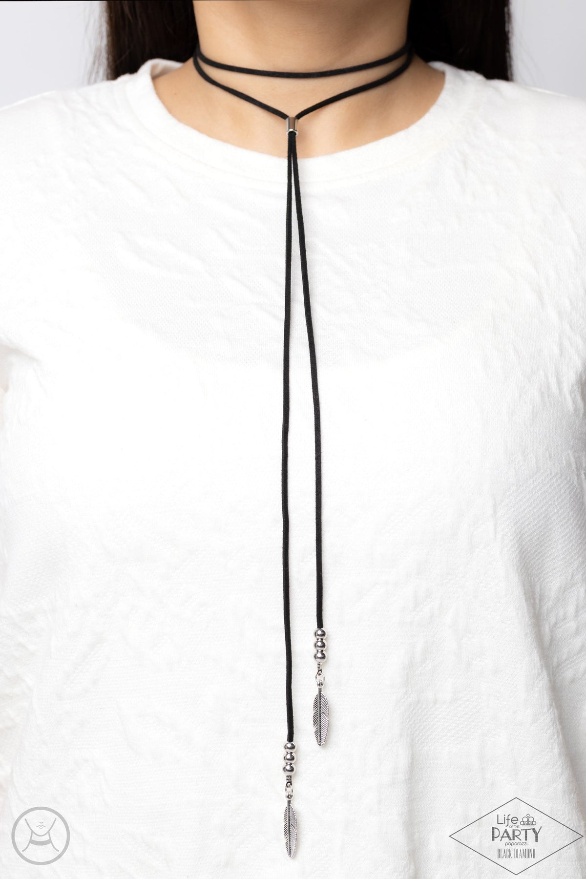 Lost On The Wind Black Suede Choker Necklace - Paparazzi Accessories- on model - CarasShop.com - Paparazzi Jewelry by Cara Jewels