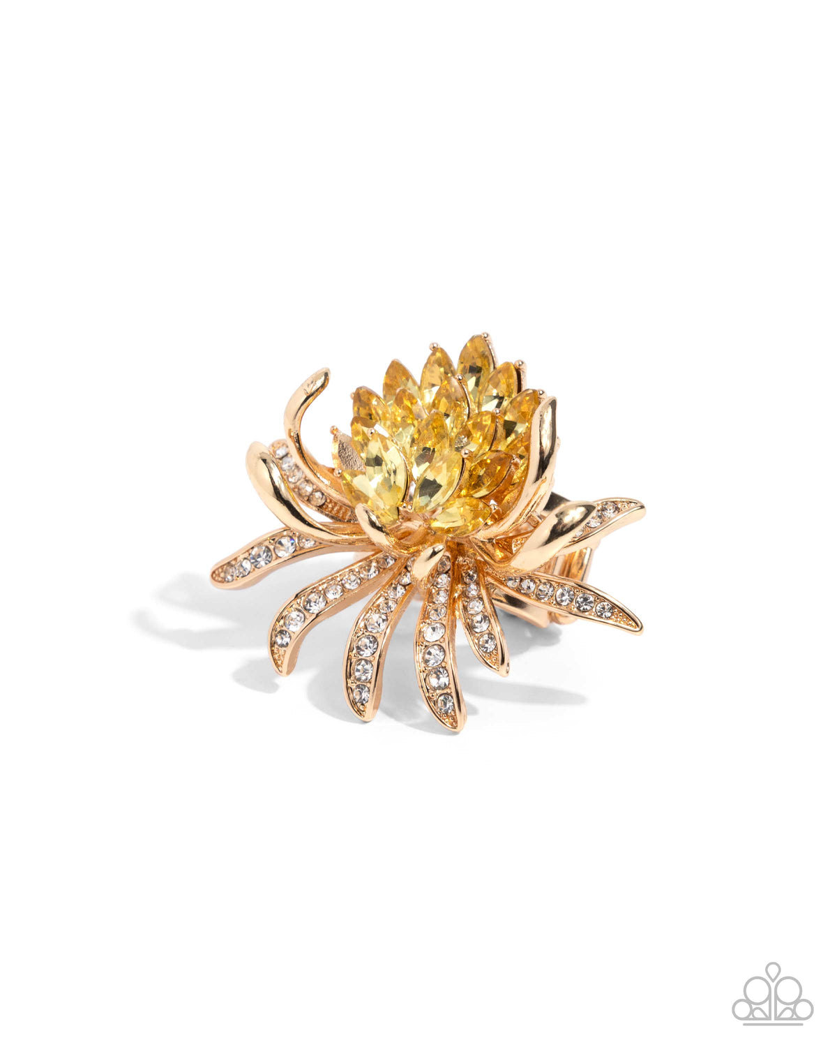 Lotus Legacy Yellow Gem & Gold Flower Ring - Paparazzi Accessories- lightbox - CarasShop.com - Paparazzi Jewelry by Cara Jewels