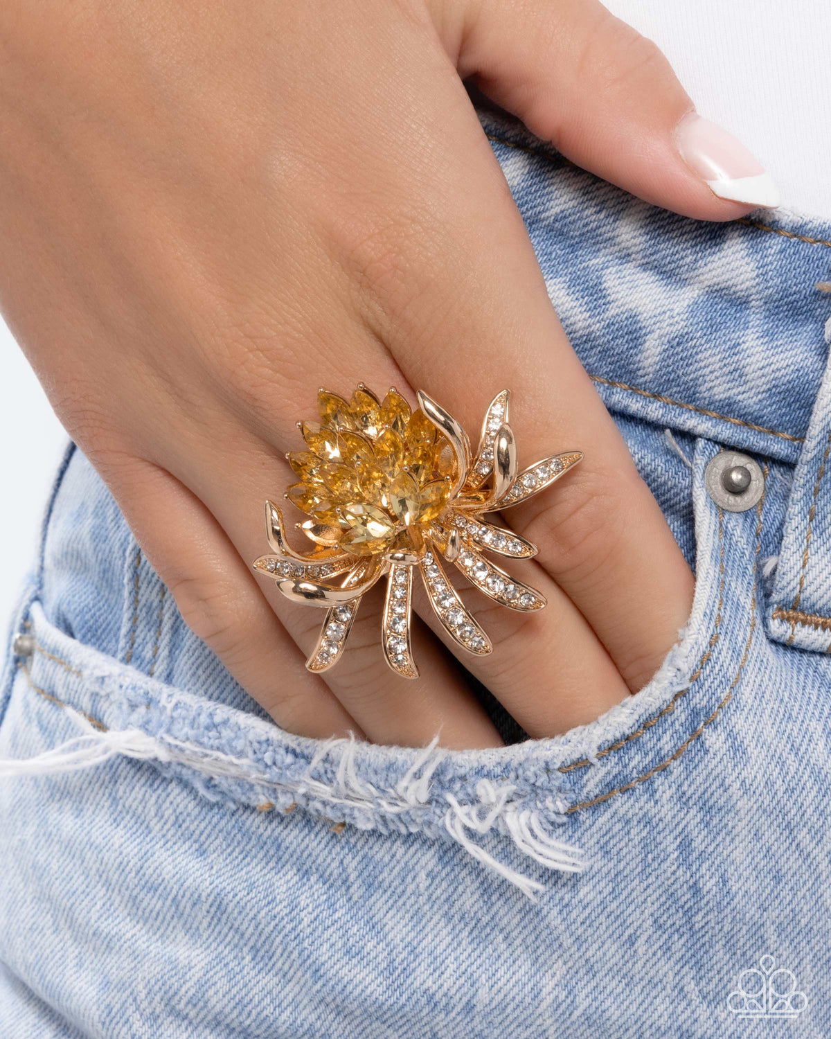 Lotus Legacy Yellow Gem & Gold Flower Ring - Paparazzi Accessories- on model - CarasShop.com - Paparazzi Jewelry by Cara Jewels