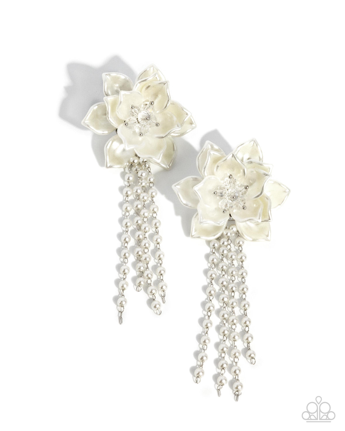 Lotus Length White Pearl Flower Earrings - Paparazzi Accessories- lightbox - CarasShop.com - Paparazzi Jewelry by Cara Jewels