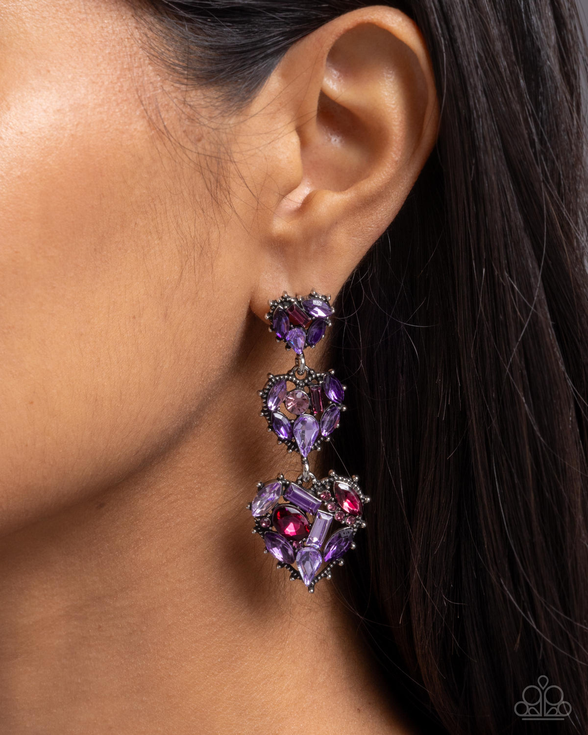 Lovable Lure Purple Rhinestone Heart Earrings - Paparazzi Accessories- on model - CarasShop.com - Paparazzi Jewelry by Cara Jewels