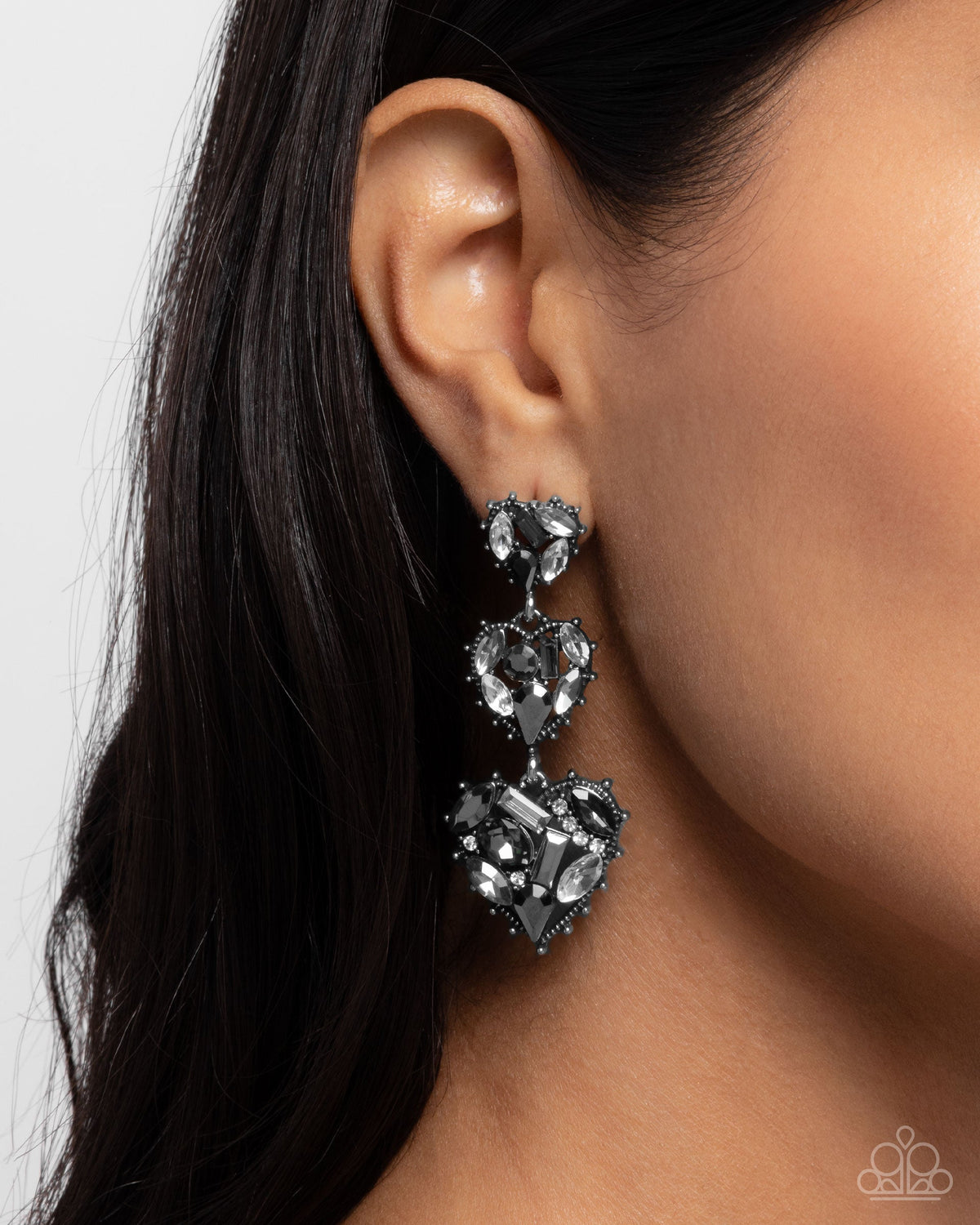 Lovable Lure Silver Gem Heart Earrings - Paparazzi Accessories- on model - CarasShop.com - Paparazzi Jewelry by Cara Jewels