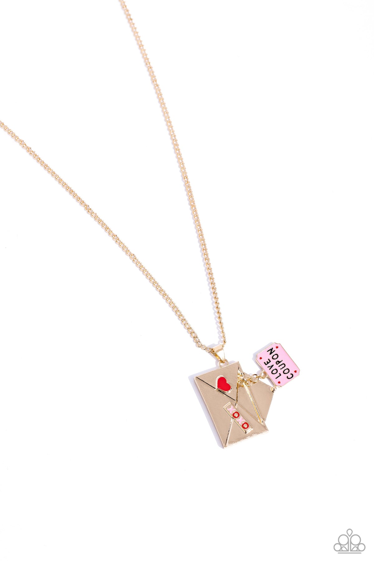 Love Coupon Gold Valentine Charm Necklace - Paparazzi Accessories- lightbox - CarasShop.com - Paparazzi Jewelry by Cara Jewels