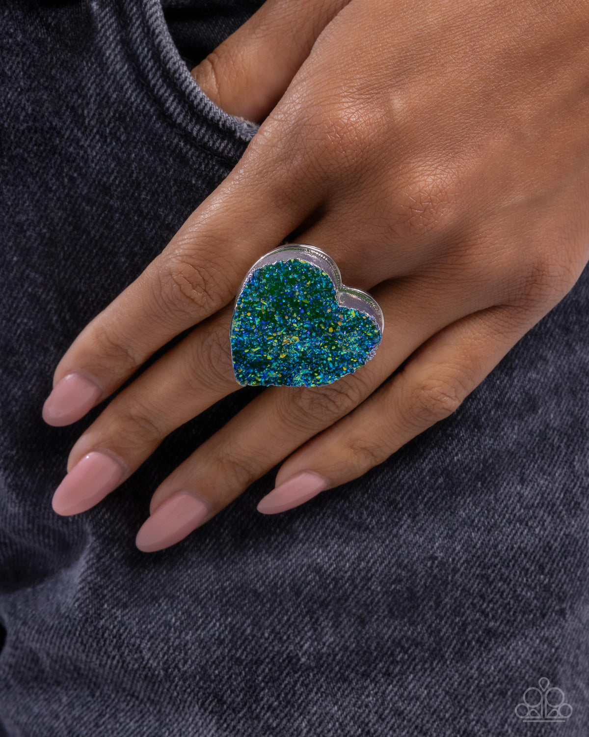 Loveable Legend Green & Blue Heart Ring - Paparazzi Accessories- on model - CarasShop.com - Paparazzi Jewelry by Cara Jewels