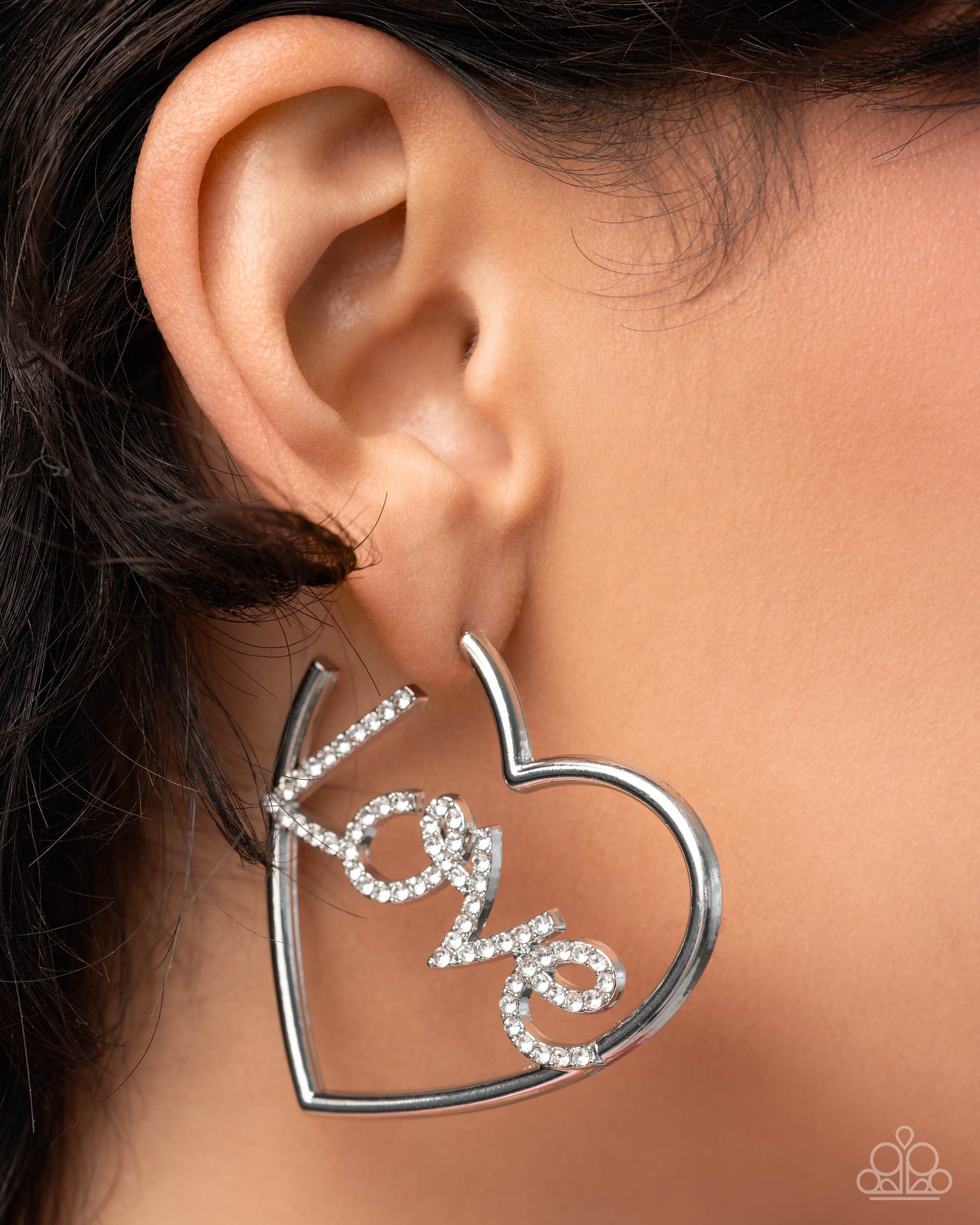 Lovely Cadence White Rhinestone "Love" Hoop Earrings - Paparazzi Accessories- lightbox - CarasShop.com - Paparazzi Jewelry by Cara Jewels