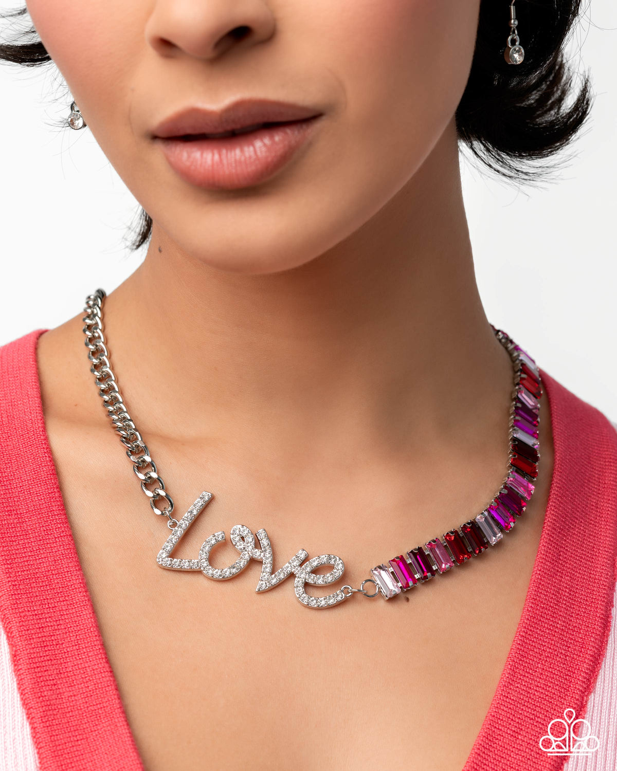 Lovely Contrast Multi Pink & White Rhinestone "Love" Necklace - Paparazzi Accessories-on model - CarasShop.com - Paparazzi Jewelry by Cara Jewels