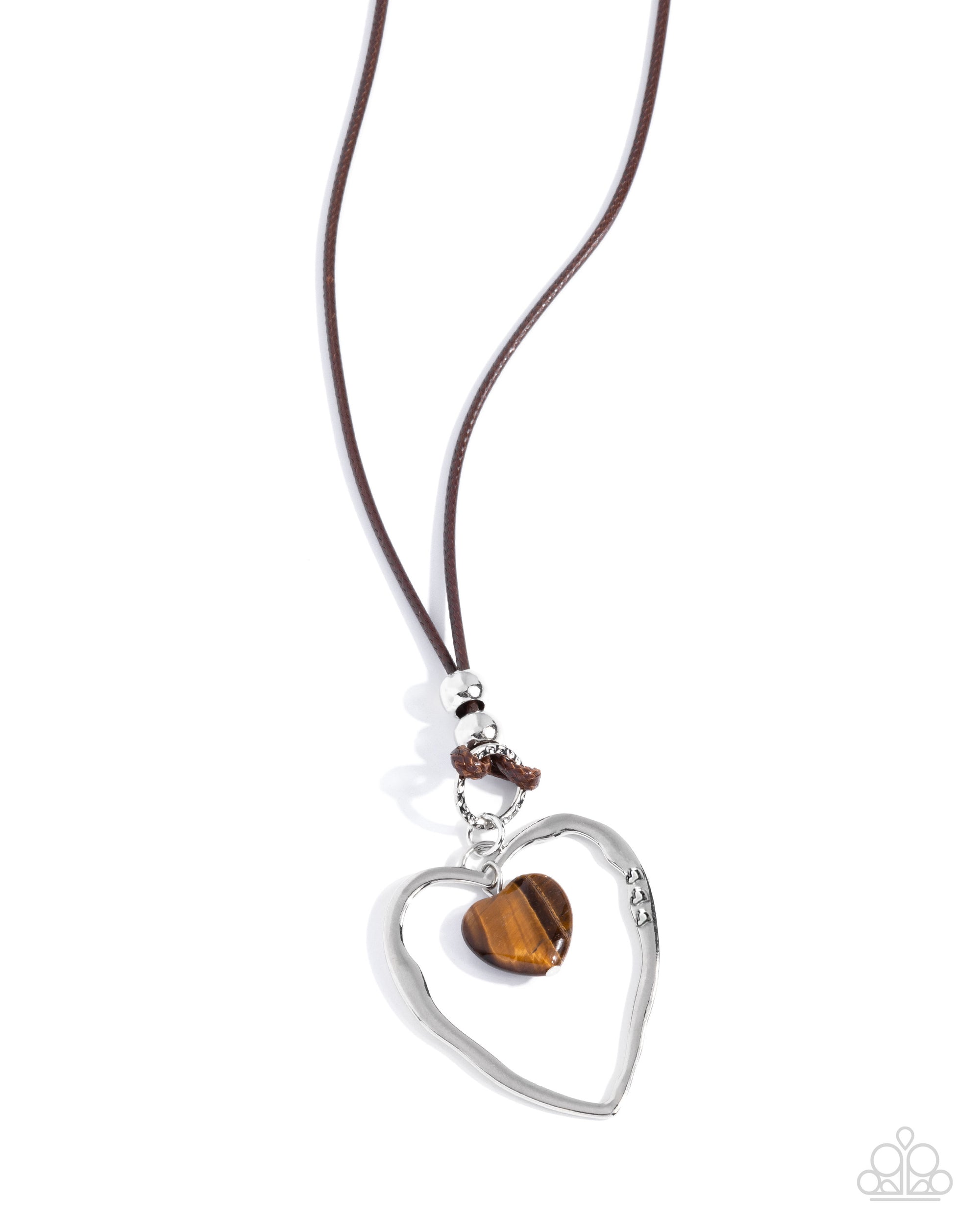 Lovely to Sit With You Brown Tiger's Eye & Silver Heart Necklace - Paparazzi Accessories- lightbox - CarasShop.com - Paparazzi Jewelry by Cara Jewels