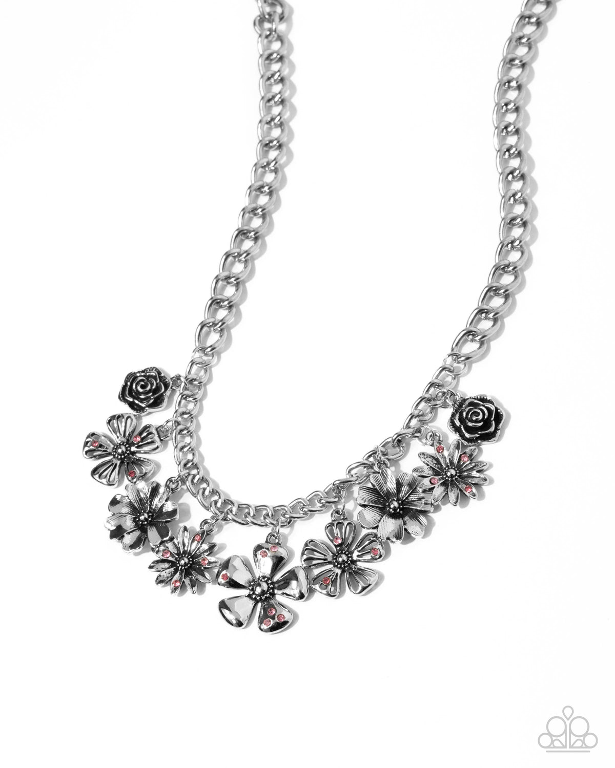 Loyal Layers Pink Rhinestone & Silver Floral Necklace - Paparazzi Accessories- lightbox - CarasShop.com - Paparazzi Jewelry by Cara Jewels