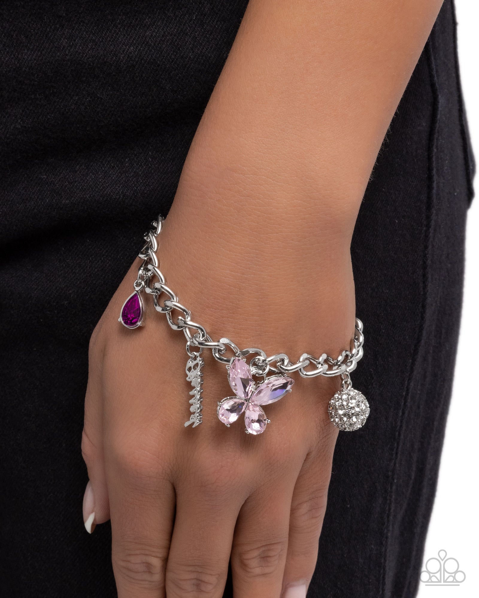 Luminous Lift Pink Gem Butterfly Charm Bracelet - Paparazzi Accessories- lightbox - CarasShop.com - Paparazzi Jewelry by Cara Jewels