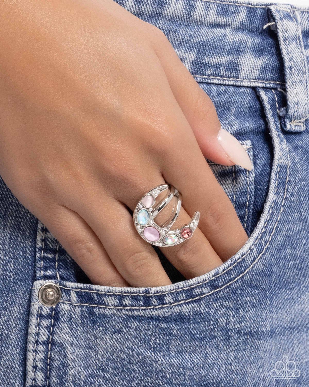 Lunar Leader Pink Gem Moon Ring - Paparazzi Accessories-on model - CarasShop.com - Paparazzi Jewelry by Cara Jewels