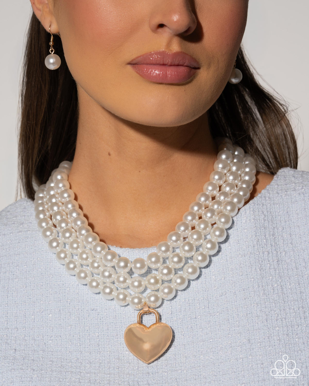 Lustrous Look Gold Heart & White Pearl Necklace - Paparazzi Accessories-on model - CarasShop.com - Paparazzi Jewelry by Cara Jewels