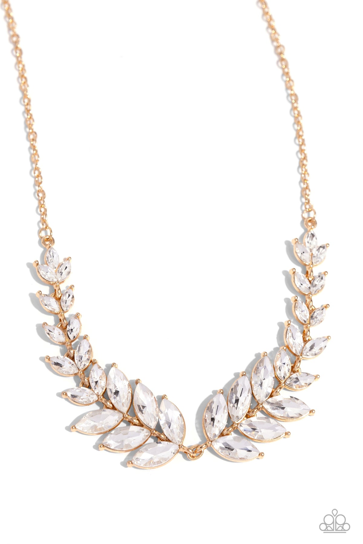 Luxury Laurels Gold & White Rhinestone Necklace - Paparazzi Accessories- lightbox - CarasShop.com - Paparazzi Jewelry by Cara Jewels
