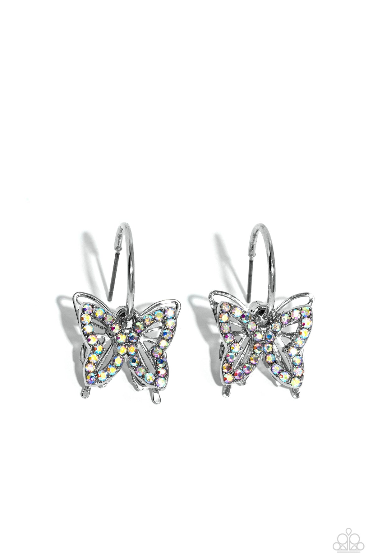 Lyrical Layers Multi Iridescent Rhinestone Butterfly Hoop Earrings - Paparazzi Accessories- lightbox - CarasShop.com - Paparazzi Jewelry by Cara Jewels