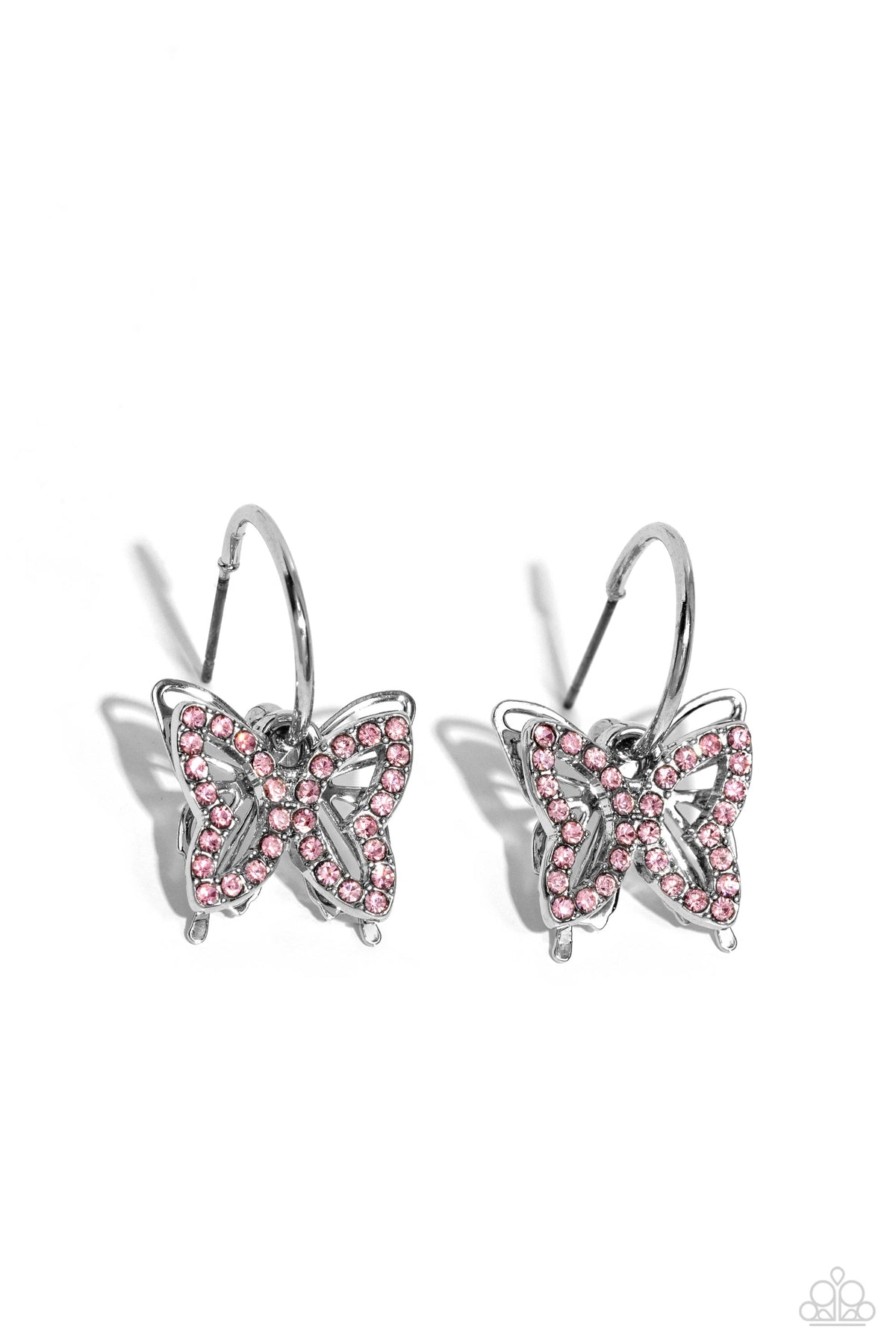 Lyrical Layers Pink Rhinestone Butterfly Hoop Earrings - Paparazzi Accessories- lightbox - CarasShop.com - Paparazzi Jewelry by Cara Jewels