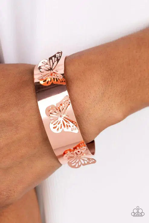 Magical Mariposas Copper Butterfly Cuff Bracelet - Paparazzi Accessories- on model - CarasShop.com - Paparazzi Jewelry by Cara Jewels