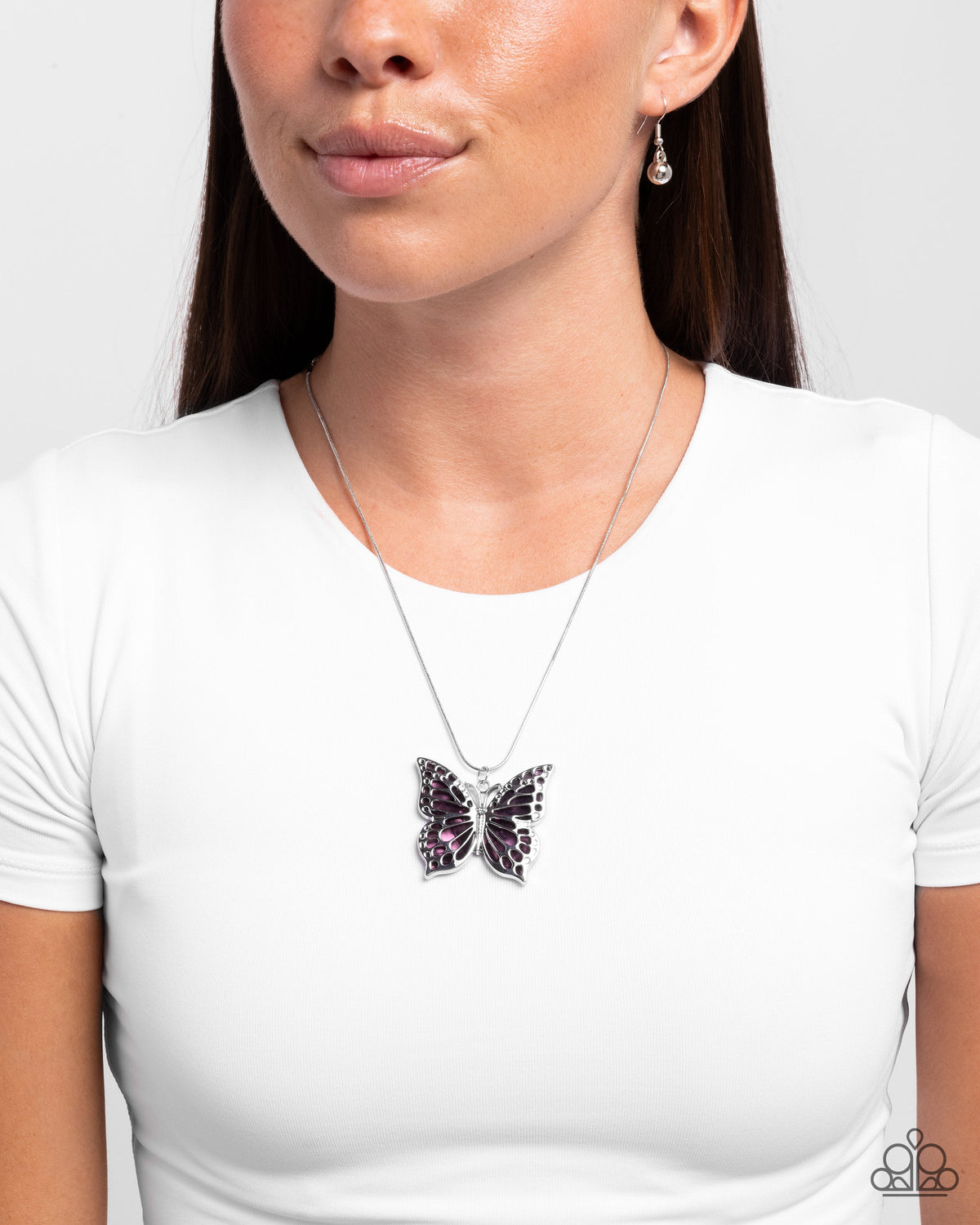 Magical Metamorphosis Purple Butterfly Necklace - Paparazzi Accessories- on model - CarasShop.com - Paparazzi Jewelry by Cara Jewels
