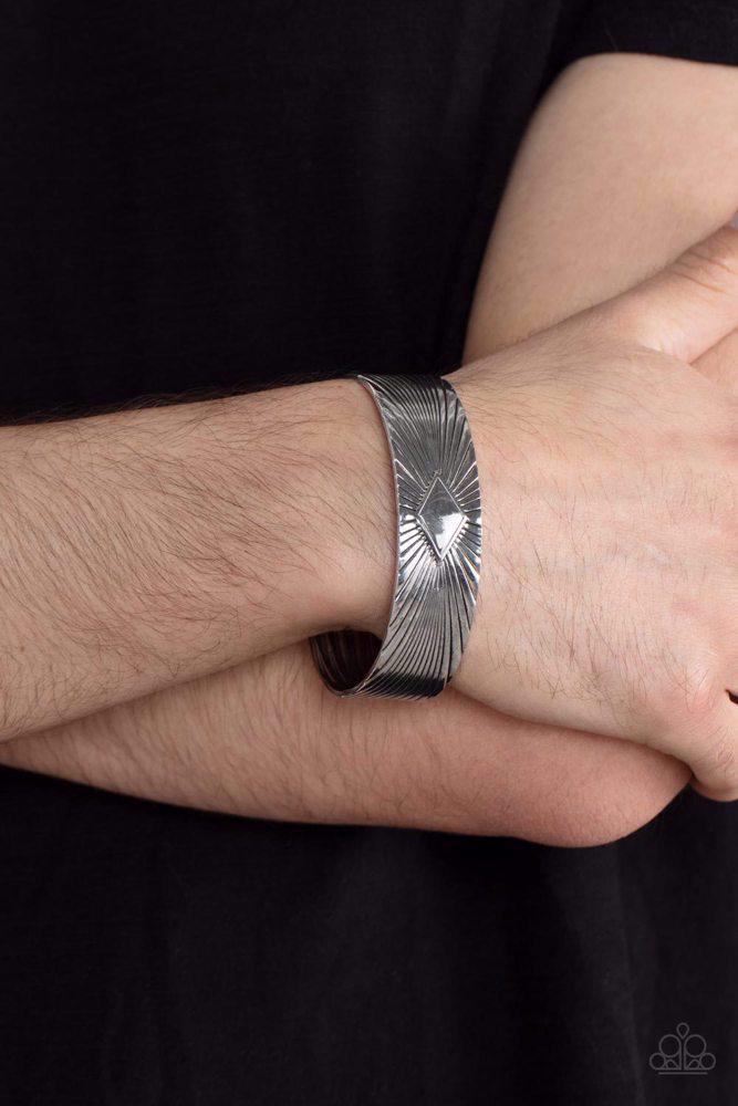 Magnate Mecca Men's Silver Cuff Bracelet - Paparazzi Accessories- on model - CarasShop.com - Paparazzi Jewelry by Cara Jewels