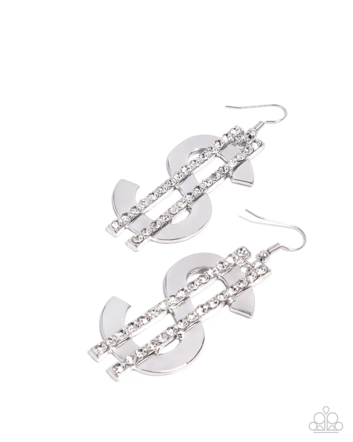 Magnate Moment White Rhinestone & Silver Dollar Sign Earrings - Paparazzi Accessories- lightbox - CarasShop.com - Paparazzi Jewelry by Cara Jewels