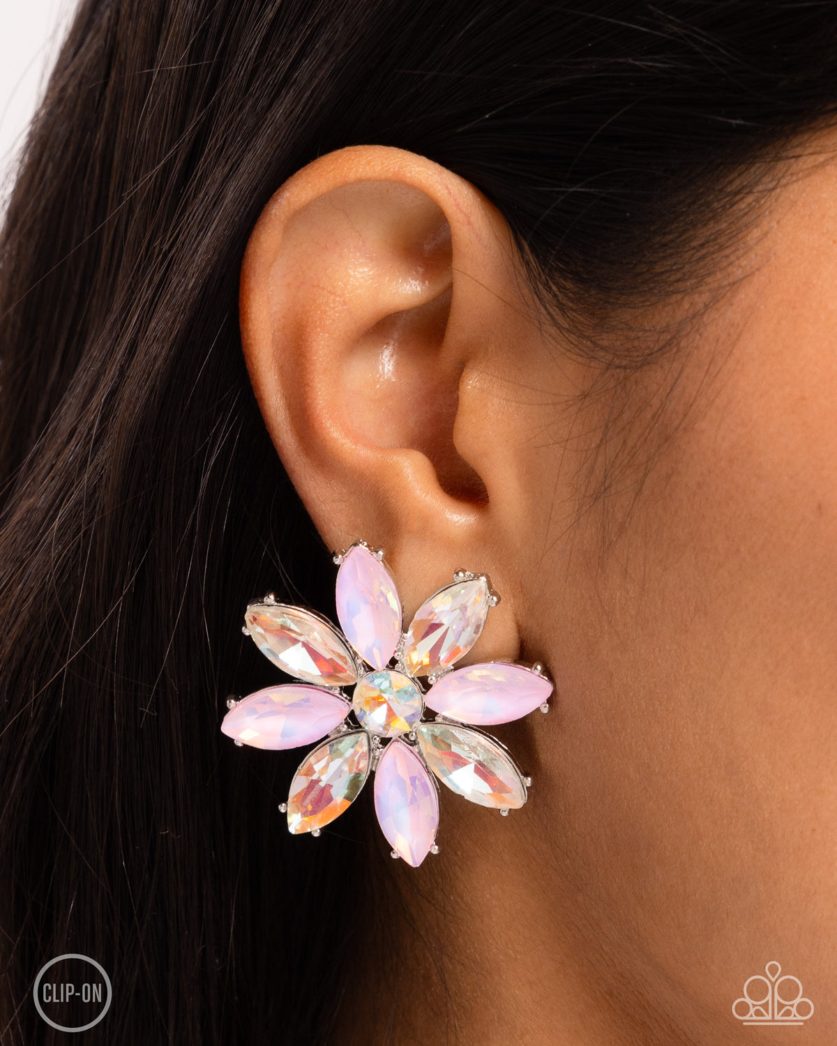 Maiden Makeover Pink Gem Clip-On Earrings - Paparazzi Accessories- on model - CarasShop.com - Paparazzi Jewelry by Cara Jewels