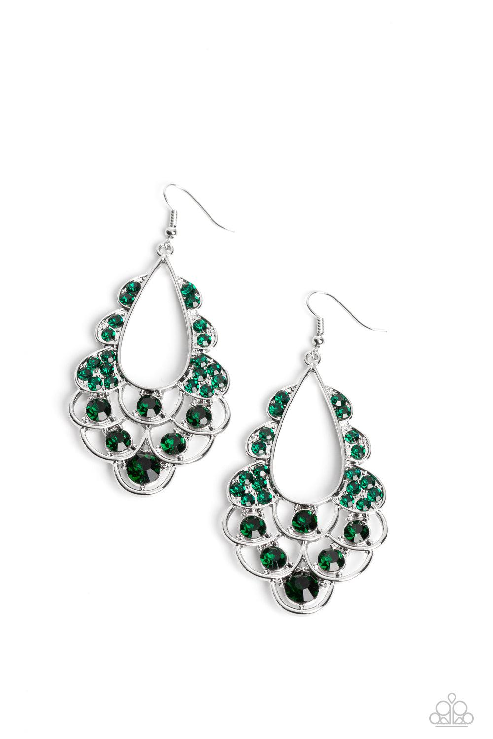 Majestic Masquerade Green Rhinestone Earrings - Paparazzi Accessories- lightbox - CarasShop.com - Paparazzi Jewelry by Cara Jewels