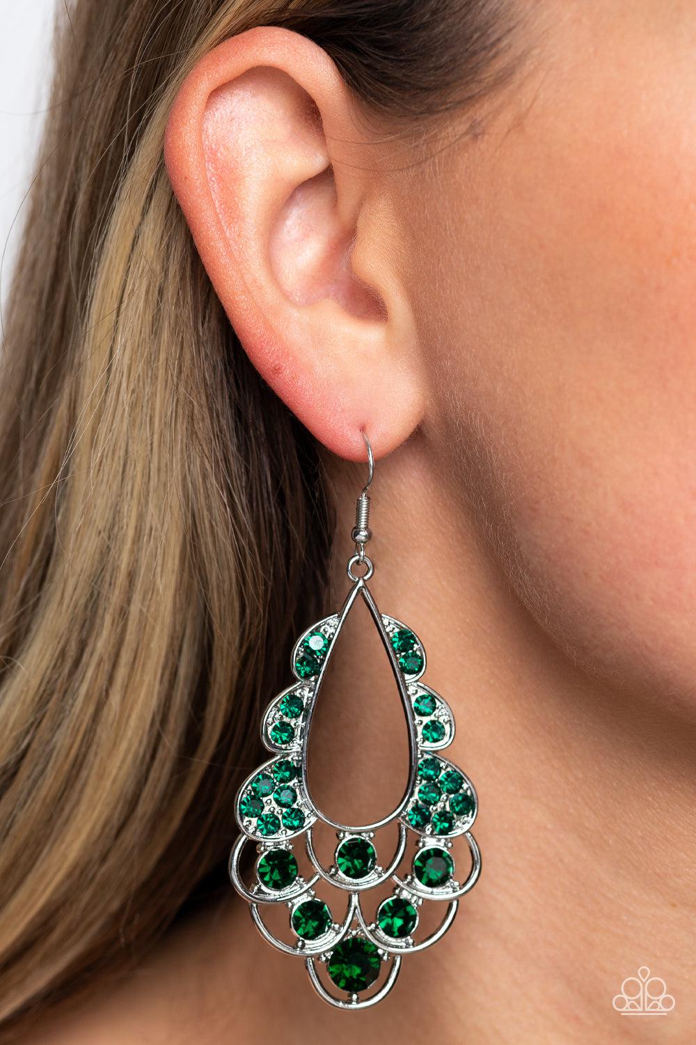 Majestic Masquerade Green Rhinestone Earrings - Paparazzi Accessories- on model - CarasShop.com - Paparazzi Jewelry by Cara Jewels