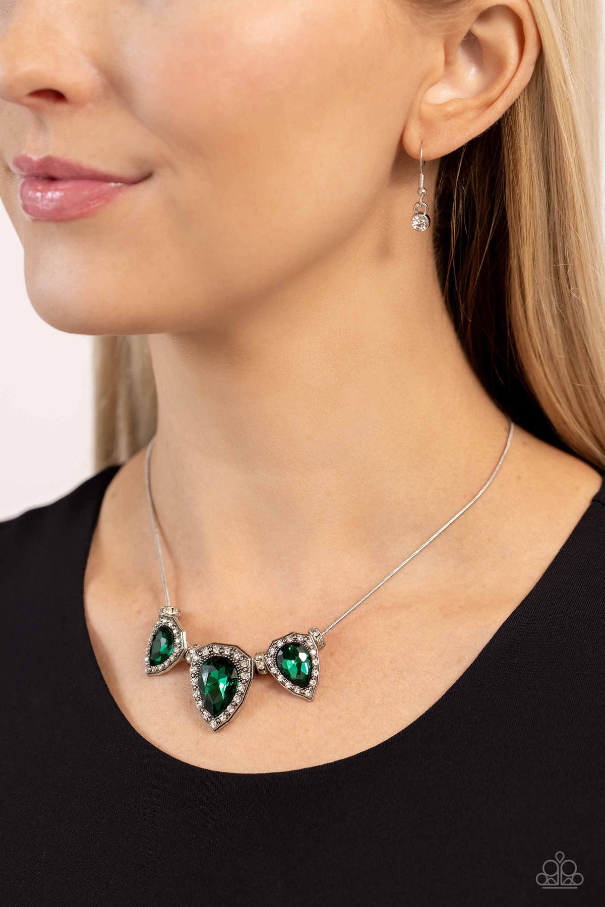 Majestic Met Ball Green Rhinestone Necklace - Paparazzi Accessories- on model - CarasShop.com - Paparazzi Jewelry by Cara Jewels