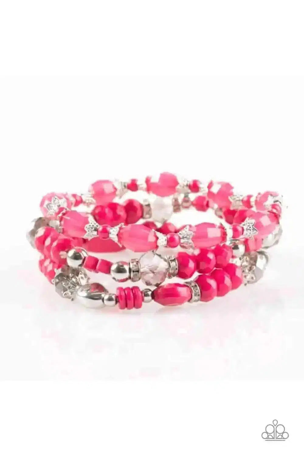 Malibu Marina Pink and Silver Bracelet Set - Paparazzi Accessories- on model - CarasShop.com - Paparazzi Jewelry by Cara Jewels