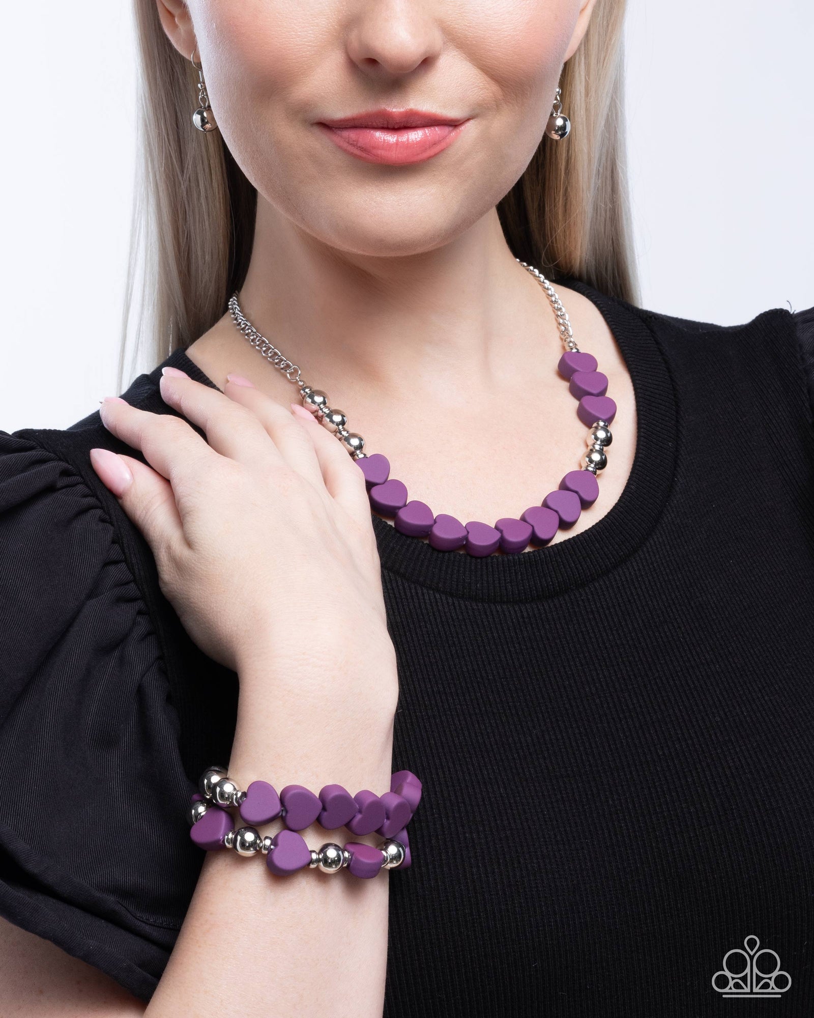 Malibu Motivation & Malibu Moxie Purple Heart Necklace & Bracelet Set - Paparazzi Accessories- Set on model - CarasShop.com - Paparazzi Jewelry by Cara Jewels
