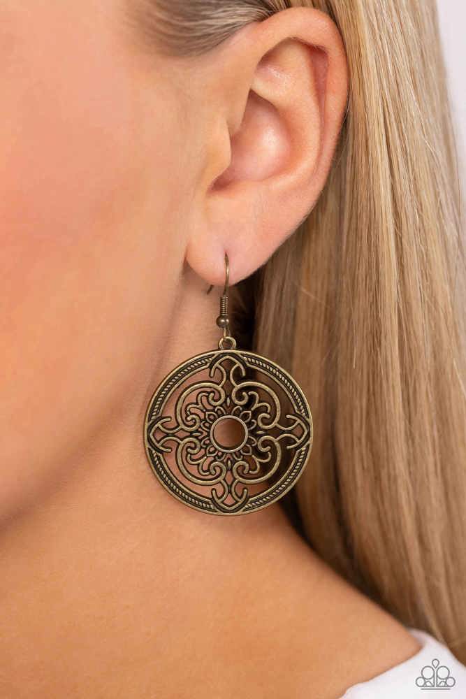 Mandala Meditation Brass Earrings - Paparazzi Accessories- on model - CarasShop.com - Paparazzi Jewelry by Cara Jewels