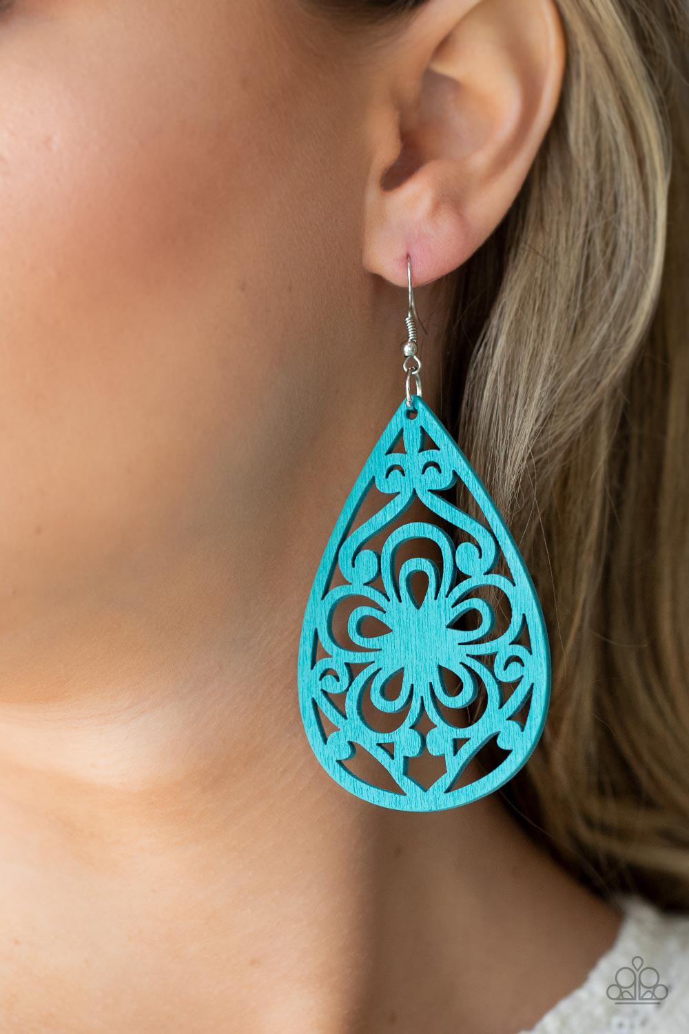 Marine Eden Blue Wood Earrings - Paparazzi Accessories- on model - CarasShop.com - Paparazzi Jewelry by Cara Jewels