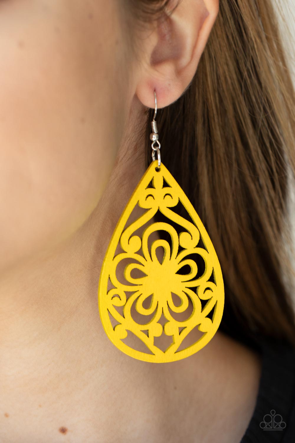 Marine Eden Yellow Wood Earrings - Paparazzi Accessories- lightbox - CarasShop.com - Paparazzi Jewelry by Cara Jewels