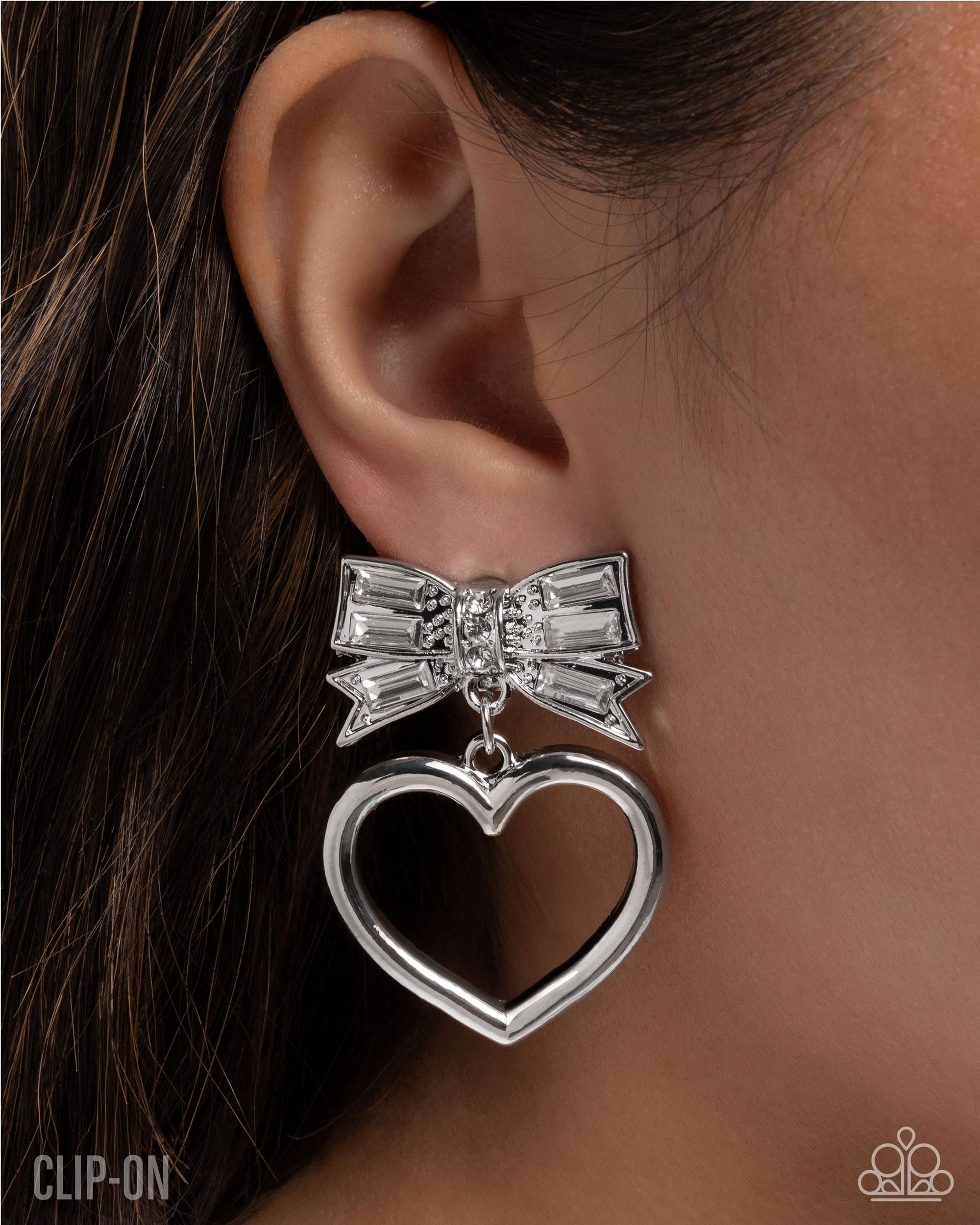 Matchmaking Model White Gem Heart Clip-on Earrings - Paparazzi Accessories- lightbox - CarasShop.com - Paparazzi Jewelry by Cara Jewels