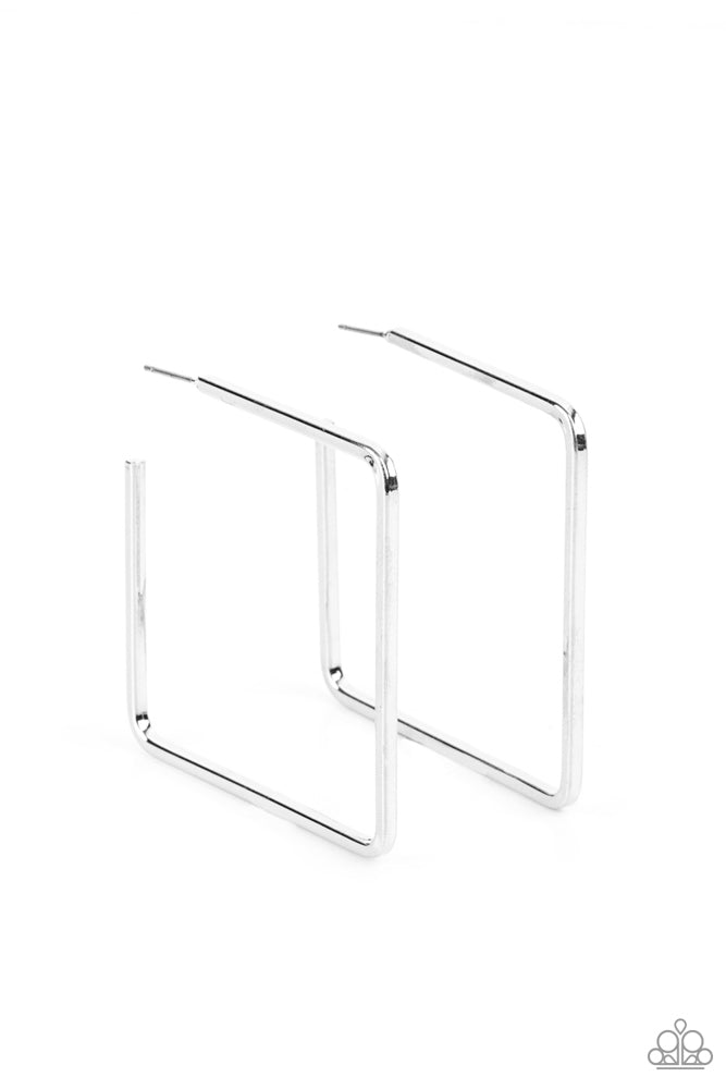 Material Girl Magic Silver Square Hoop Earrings - Paparazzi Accessories- lightbox - CarasShop.com - Paparazzi Jewelry by Cara Jewels