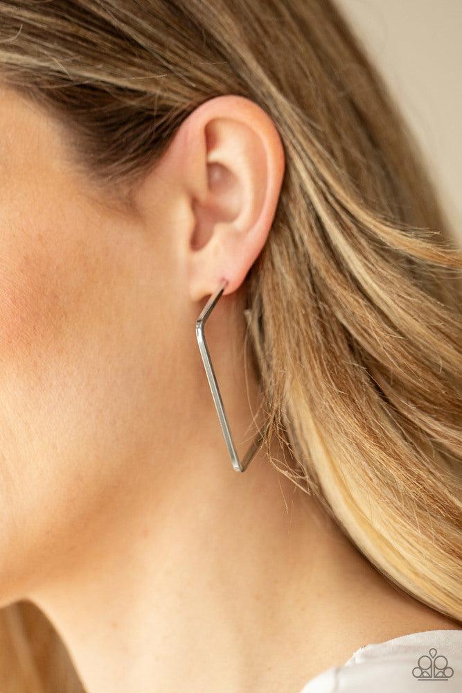 Material Girl Magic Silver Square Hoop Earrings - Paparazzi Accessories- on model - CarasShop.com - Paparazzi Jewelry by Cara Jewels