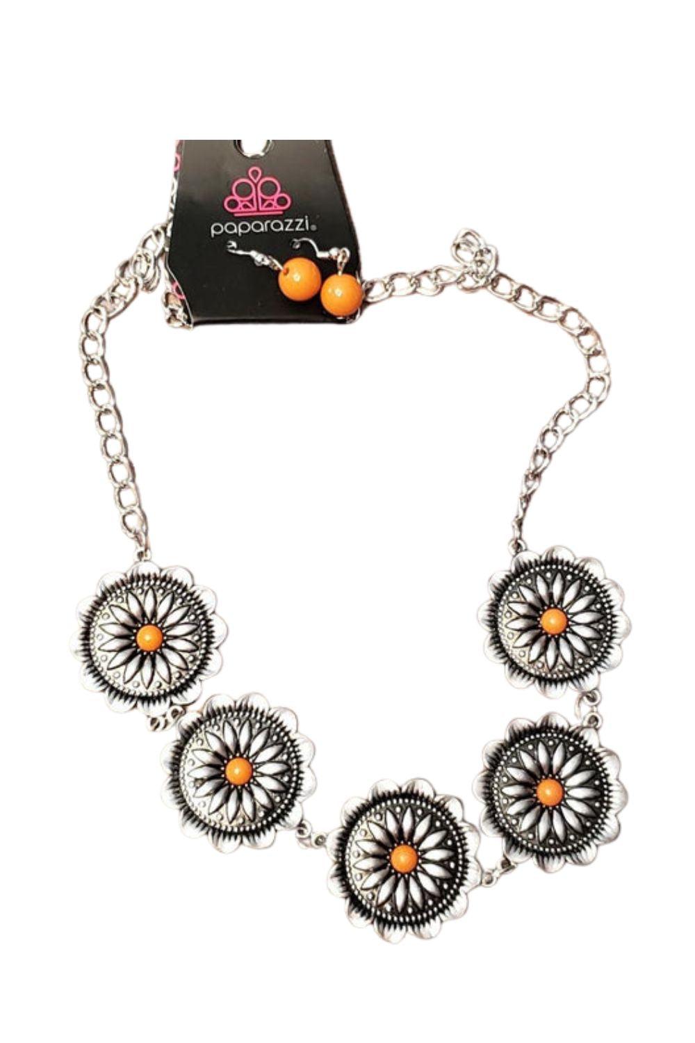 Me-dallions, Myself and I Orange and Silver Medallion Necklace - Paparazzi Accessories- on model - CarasShop.com - Paparazzi Jewelry by Cara Jewels