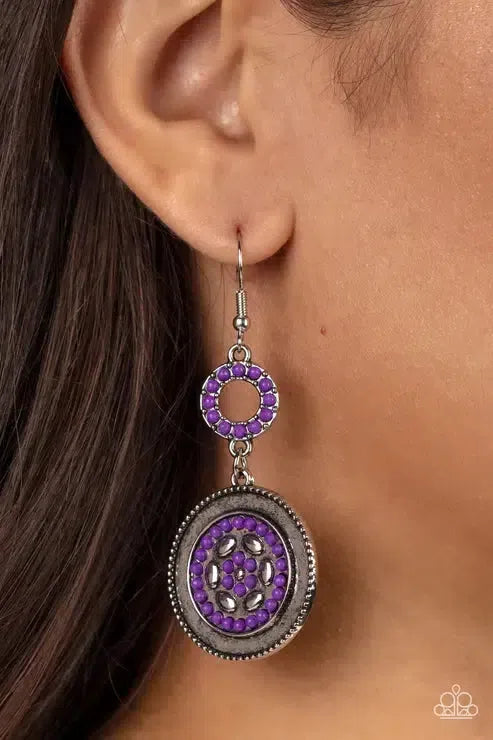 Meadow Mantra Purple Earrings - Paparazzi Accessories- on model - CarasShop.com - Paparazzi Jewelry by Cara Jewels