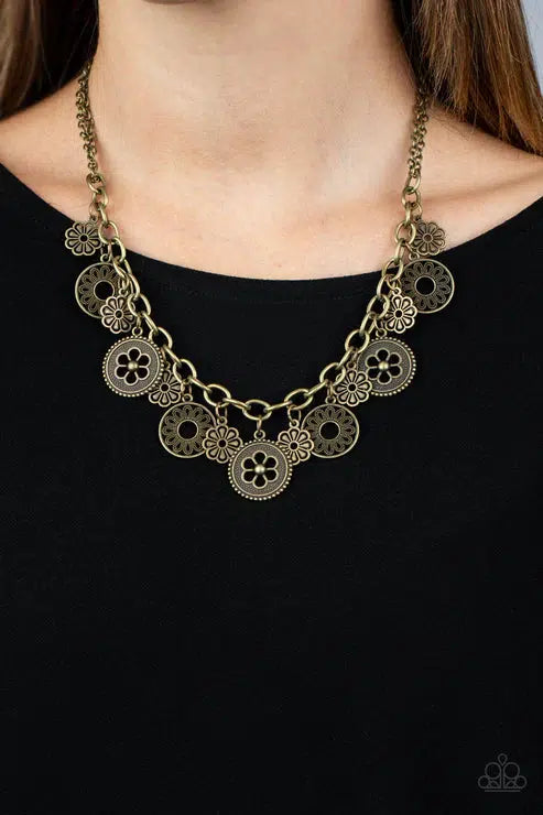 Meadow Masquerade Brass Necklace - Paparazzi Accessories- on model - CarasShop.com - Paparazzi Jewelry by Cara Jewels