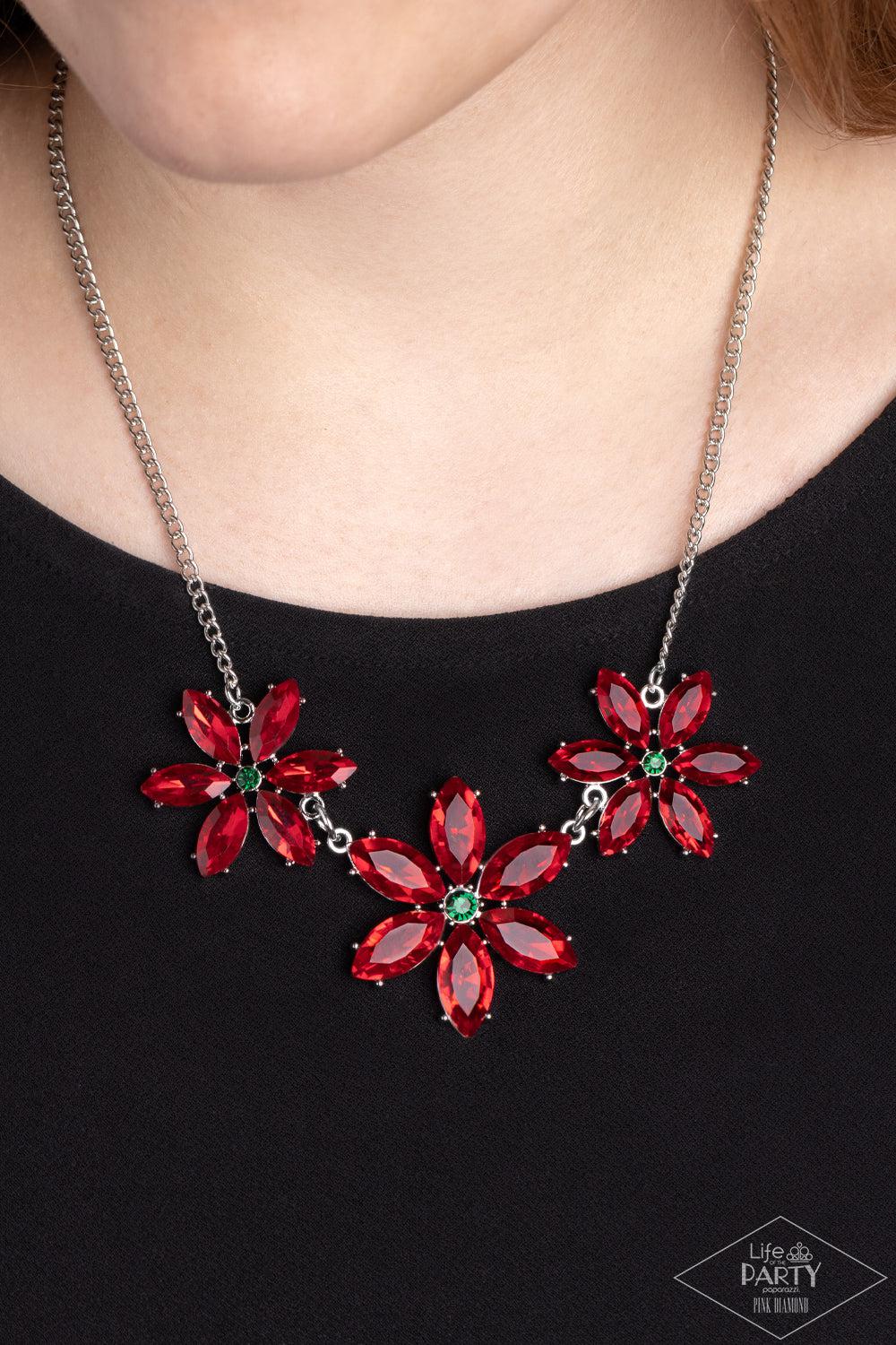 Meadow Muse Multi Red Rhinestone Flower Necklace - Paparazzi Accessories- on model - CarasShop.com - Paparazzi Jewelry by Cara Jewels