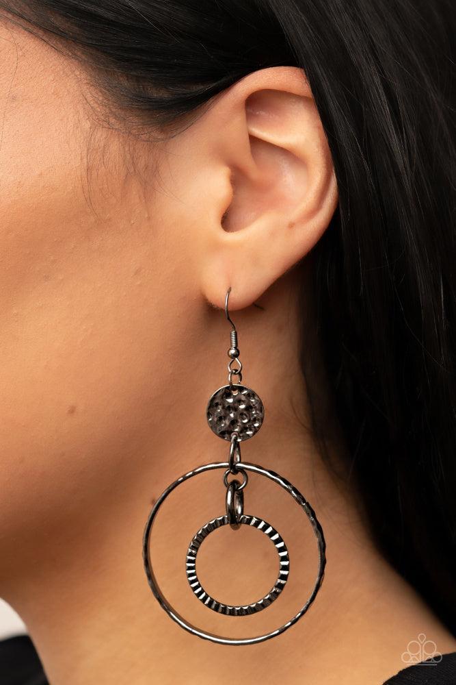 Mechanical Mecca Black Earrings - Paparazzi Accessories- on model - CarasShop.com - Paparazzi Jewelry by Cara Jewels